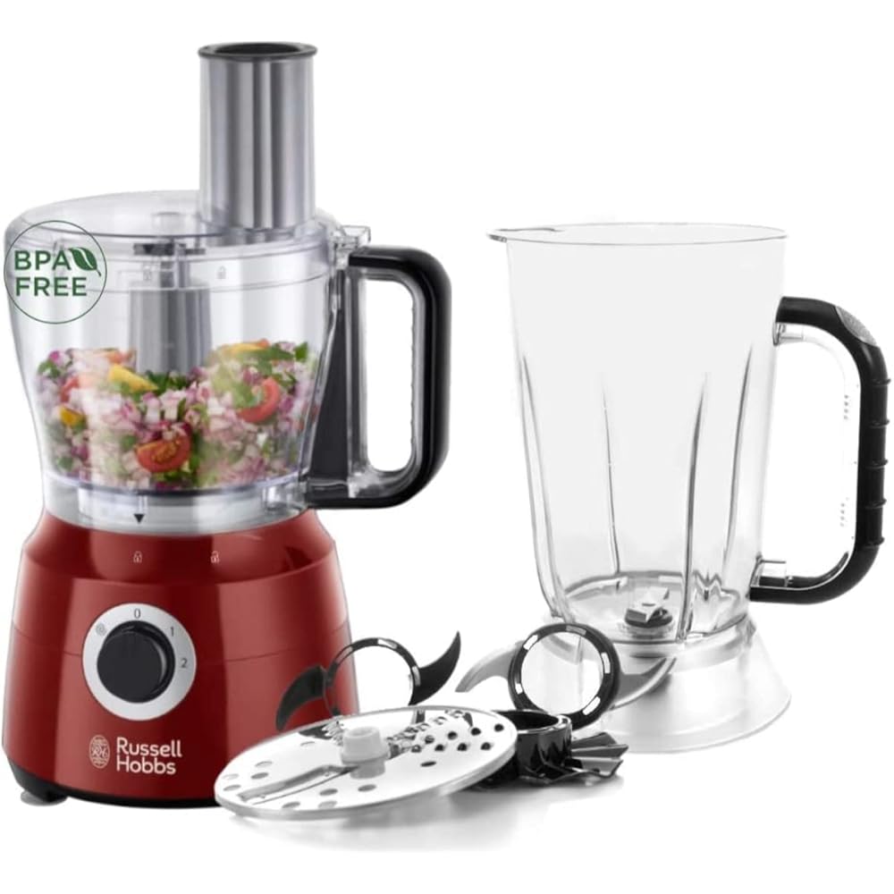 Russell Hobbs Robot de cuisine Multifonction [Blender/Mixeur/Broyeur/Coupeur/Râpeur/Batteur] Desire Rouge (Lames pétrin incl. + accessoires compatibles lave-vaisselle, 2 vitesses, 600W) 24730-56 : Cuisine et Maison