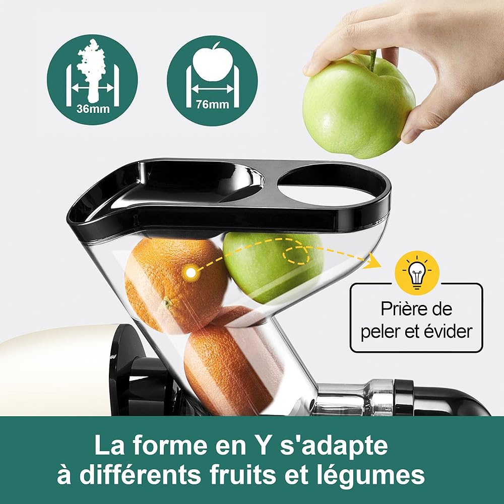 Fretta Extracteur de Jus à Pression à Froid, Goulotte d'alimentation Large de 76 MM, Presse-agrumes à Froid sans BPA, Extracteur de Jus de Fruits et Légumes, Recettes de Jus Incluses (blanc) : Cuisine et Maison