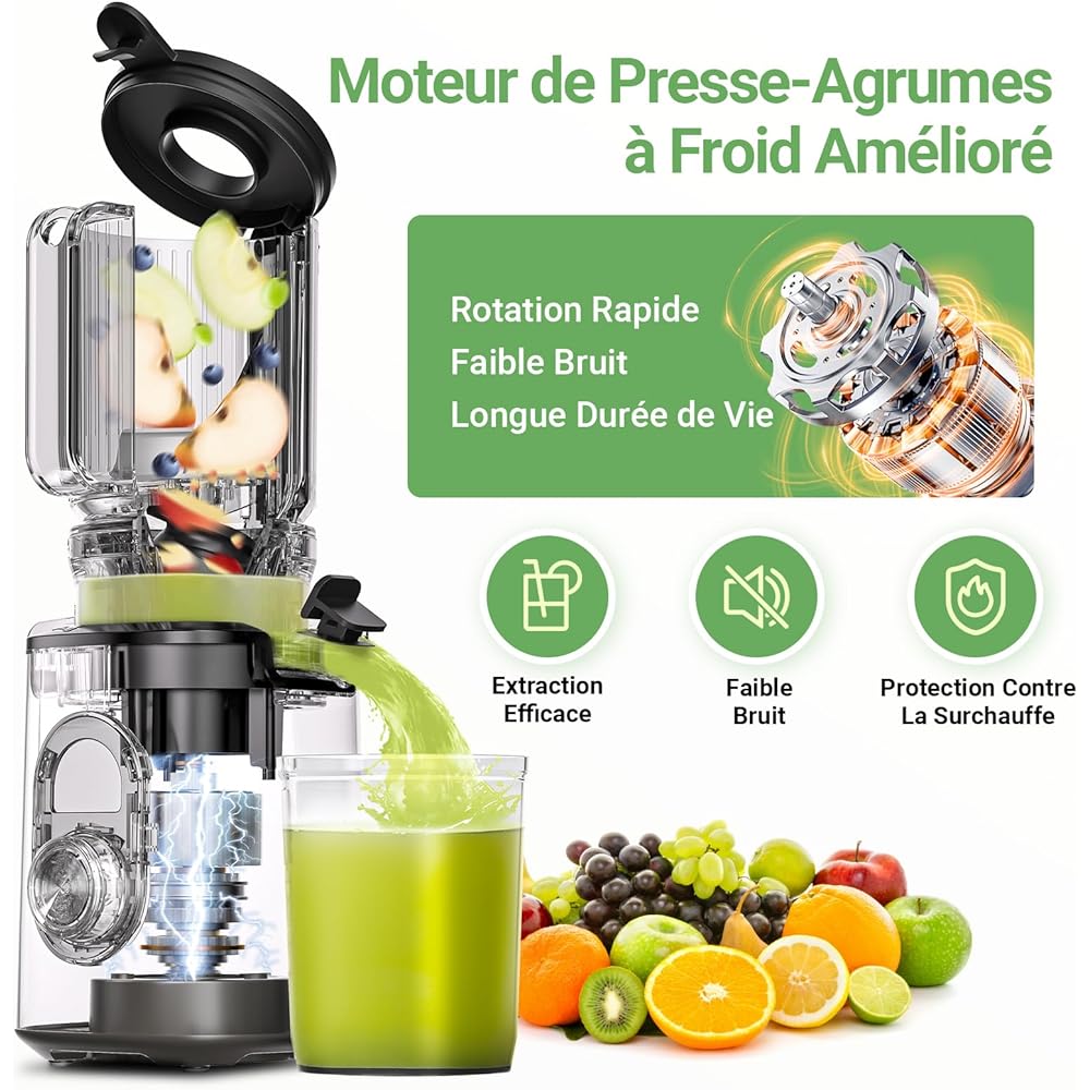 AAOBOSI Extracteur de Jus, Extracteur de Jus de Fruits et Légumes Ouverture de 110 mm, Fonction de Mastication Inversée,Sans BPA, avec 2 Tasses et Brosse, adapté à tous les Fruits et Légumes : Cuisine et Maison