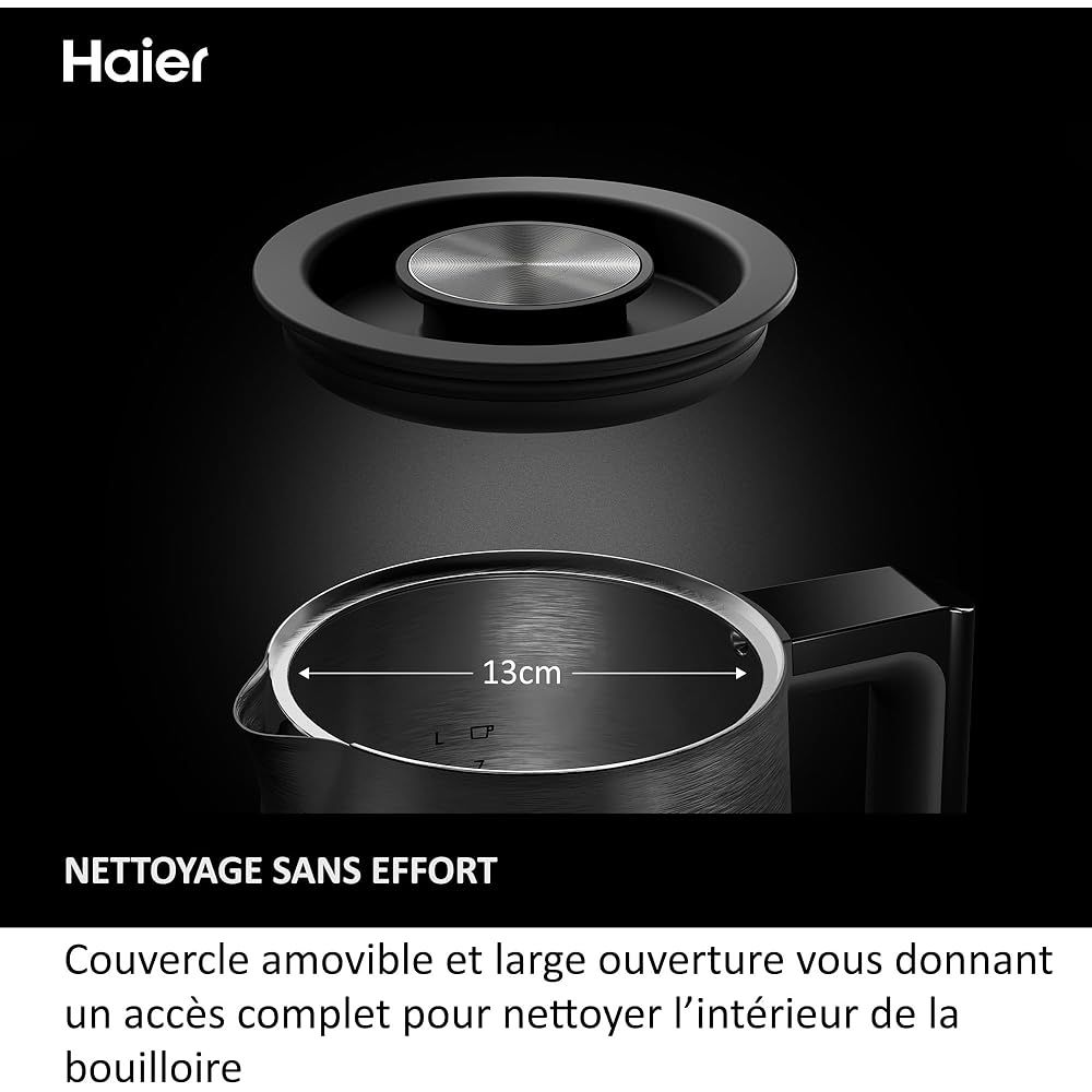 Haier I-Master Série 5 Bouilloire, Acier Inoxydable, 1,7L, Economie d'Energie, 7 Réglages de Température, Fonction de Maintien au Chaud, Fonction Tasse Unique 0,25L, 2000W [Noir] : Cuisine et Maison