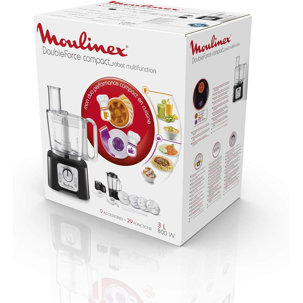 Moulinex Double Force Compact Robot multifonction, Bol 3 L, Blender 1,25 L, 6 options de vitesse, 9 accessoires inclus FP546811, Noir / Gris Foncé : Cuisine et Maison