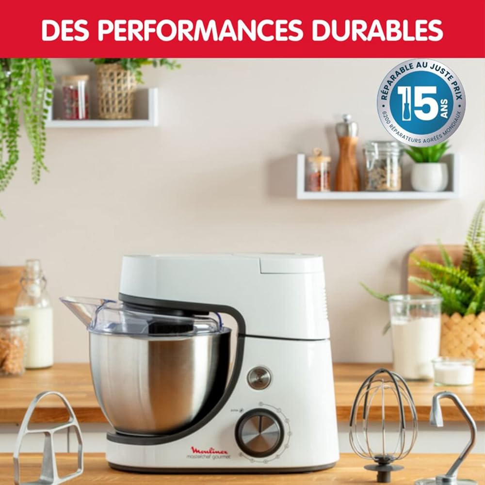 Moulinex Robot pâtissier, Capacité bol 4,6 L, 8 vitesses + Pulse, Technologie Fouet Whisk pour un fouettage parfait, Batteur et pétrin en fonte d'aluminium, 1100 W, Masterchef Gourmet blanc QA510110 : Cuisine et Maison