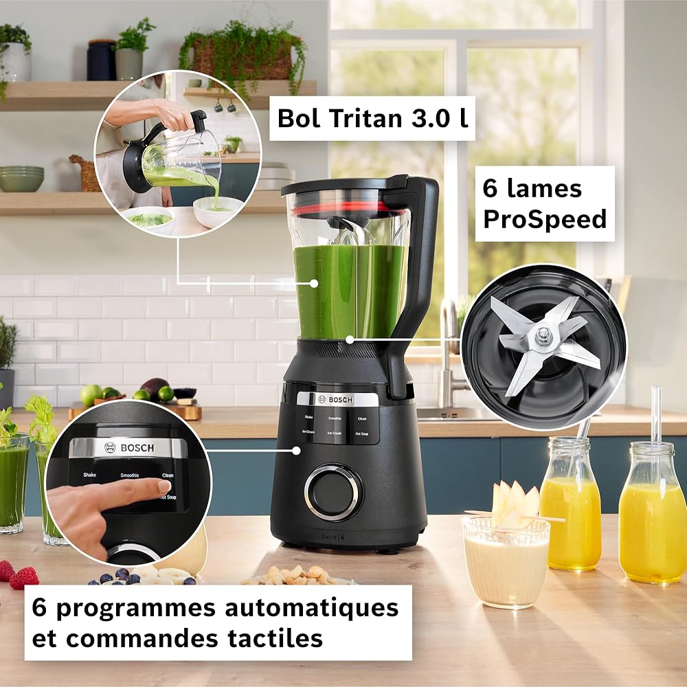 Bosch, VitaPower Série 6, blender haute performance, moteur 1800 watts, vitesse du moteur jusqu'à 45 000 tr/min, 6 programmes automatiques, bol résistant en tritan, noir, MMB6652B : Cuisine et Maison