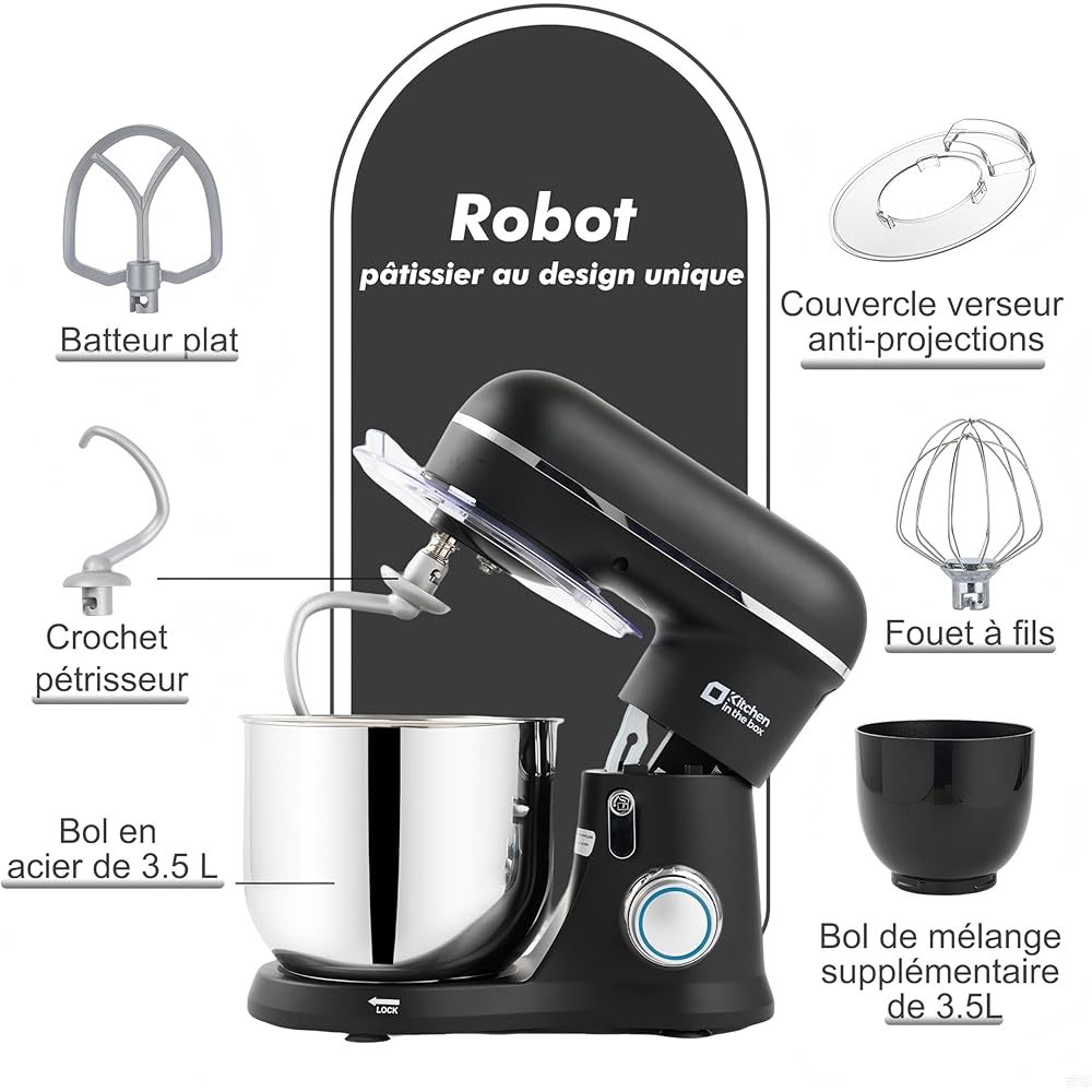 Kitchen in the Box Robot Pâtissier, 3.5L avec Deux Bols, Compact et Léger, 10 Vitesses avec Fonction Pulse, Finition Mate, Fouet, Crochet Pétrisseur et Batteur, Noir : Cuisine et Maison
