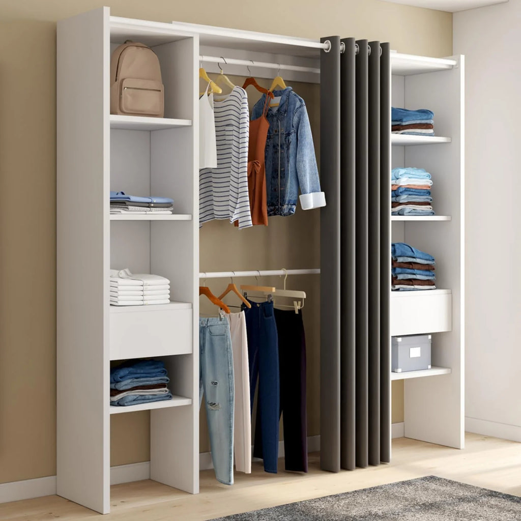 Dressing extensible double MERYL 120/180 x 50 x 180 cm, avec étagères double penderie