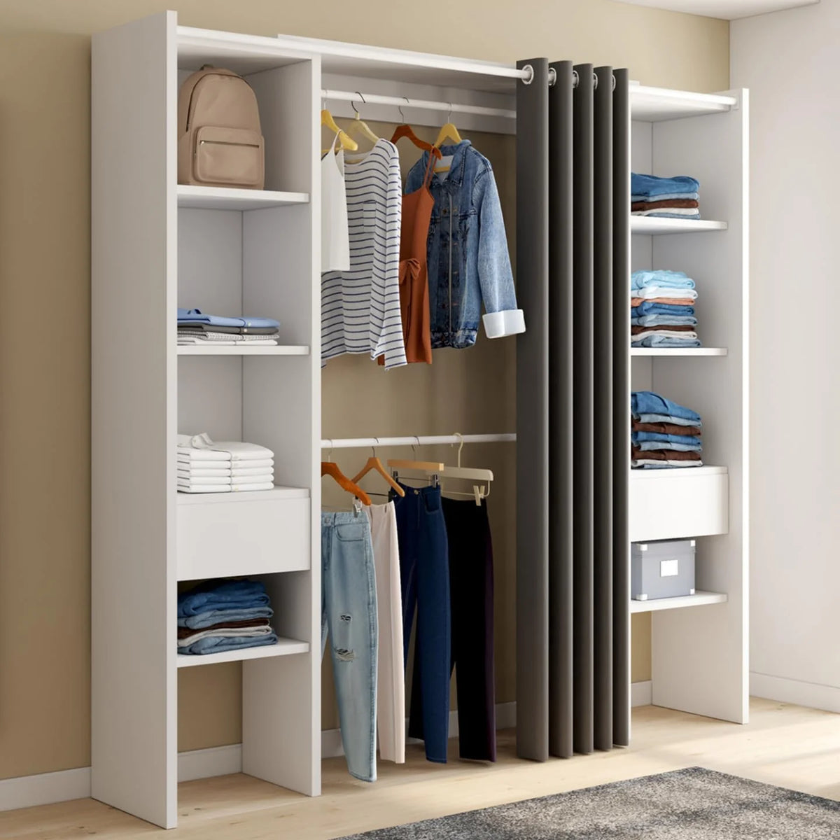 Dressing extensible double MERYL 120/180 x 50 x 180 cm, avec étagères double penderie