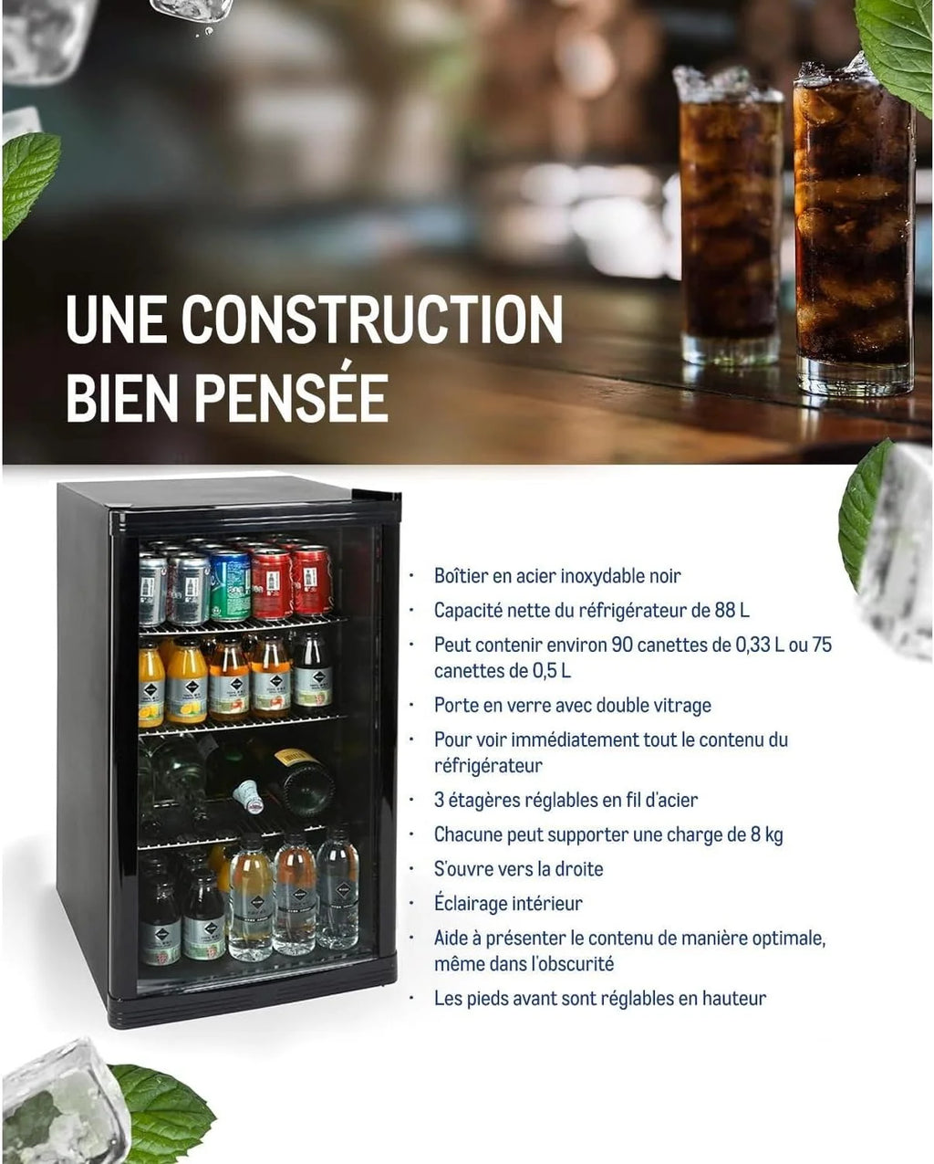 Professional Réfrigérateur à boissons GPC1088, métal/verre, 88 L, réfrigération statique