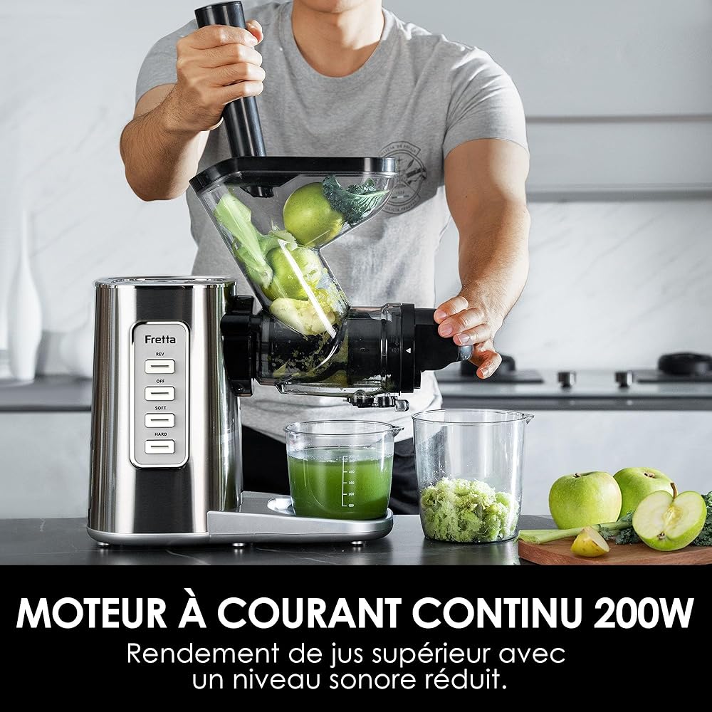Fretta Extracteur de Jus à Froid avec Large Goulotte 76mm, Sans BPA & Corps en acier inoxydable, Extraction Lente pour Maximum de Nutriments, Facile à Nettoyer : Cuisine et Maison