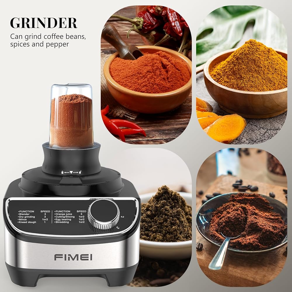 FIMEI Robot culinaire multifonction 1300W, 3 vitesses et fonction pulse, hachoir 3,5L, mixeur 1,5L, moulin, presse agrumes, crochet pétrisseur, fouet, râpe, disque tournant, Sans BPA : Cuisine et Maison