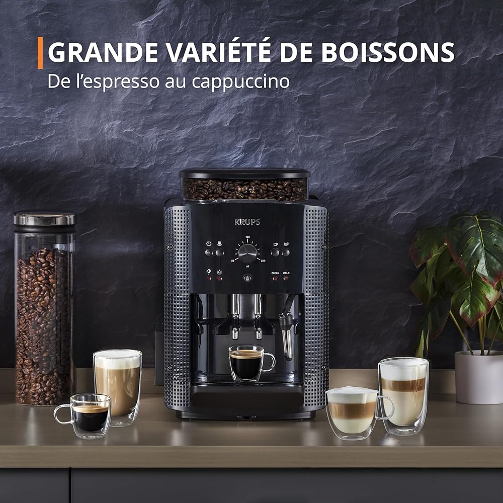 Krups Machine à café grain, 1,7 L, 2 tasses en simultané, Nettoyage automatique, Buse vapeur pour Cappuccino, Cafetière espresso, Essential noire YY8125FD, Noir : Cuisine et Maison